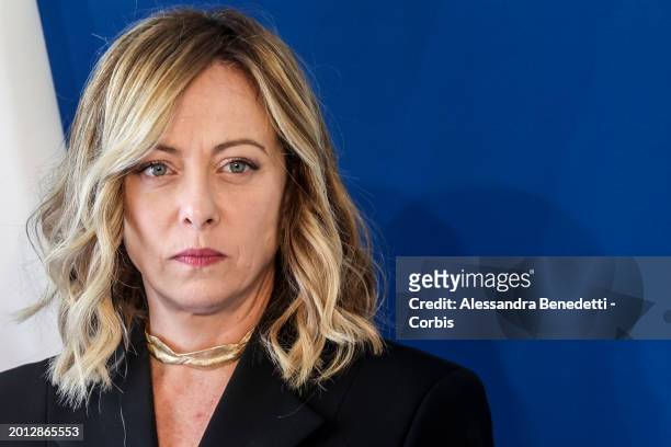 Italy's Prime Minister Giorgia Meloni attends a joint press briefing, with Romanian counterpart Marcel Ciolacu, following an intergovernmental...