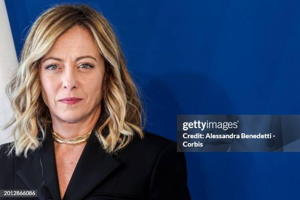 Italy's Prime Minister Giorgia Meloni attends a joint press briefing, with Romanian counterpart Marcel Ciolacu, following an intergovernmental...