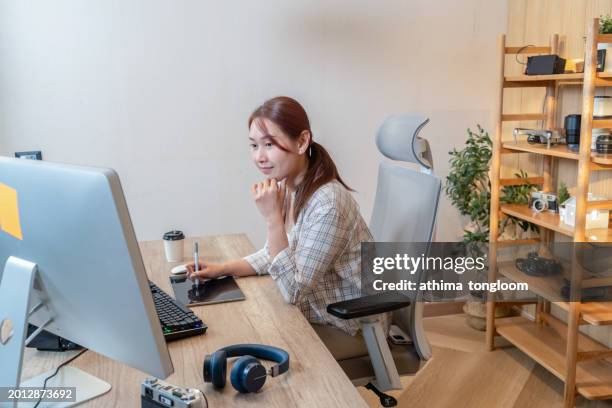 asian woman work at home, influencer and video editor. - photo editor stock pictures, royalty-free photos & images