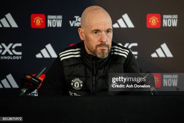 Manager Erik ten Hag of Manchester United speaks during a press conference at Carrington Training Ground on February 15, 2024 in Manchester, England.