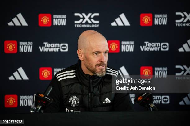 Manager Erik ten Hag of Manchester United speaks during a press conference at Carrington Training Ground on February 15, 2024 in Manchester, England.