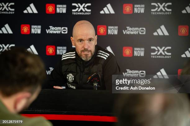 Manager Erik ten Hag of Manchester United speaks during a press conference at Carrington Training Ground on February 15, 2024 in Manchester, England.