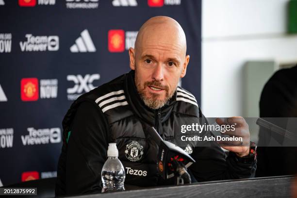 Manager Erik ten Hag of Manchester United speaks during a press conference at Carrington Training Ground on February 15, 2024 in Manchester, England.