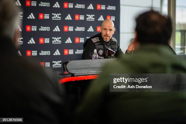 Manager Erik ten Hag of Manchester United speaks during a press conference at Carrington Training Ground on February 15, 2024 in Manchester, England.