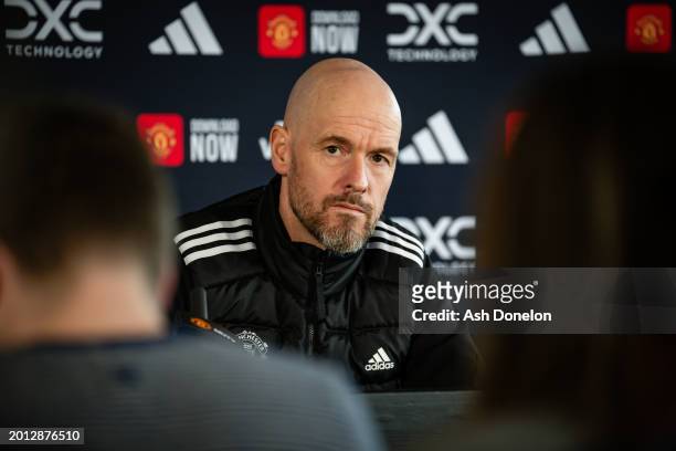 Manager Erik ten Hag of Manchester United speaks during a press conference at Carrington Training Ground on February 15, 2024 in Manchester, England.