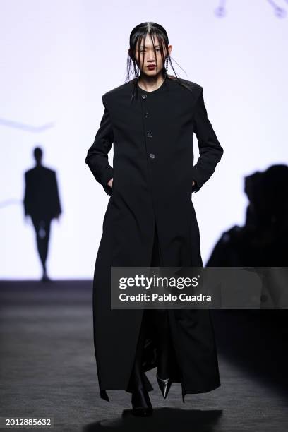 Model walks the runway at the Acromatyx fashion show during the Mercedes Benz Fashion Week Madrid at Ifema on February 15, 2024 in Madrid, Spain.