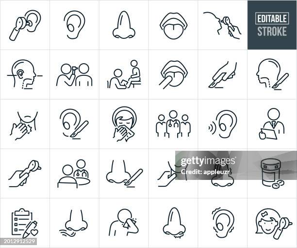 ilustraciones, imágenes clip art, dibujos animados e iconos de stock de iconos de línea fina de otorrinolaringología u otorrinolaringología - trazo editable - cabeza humana