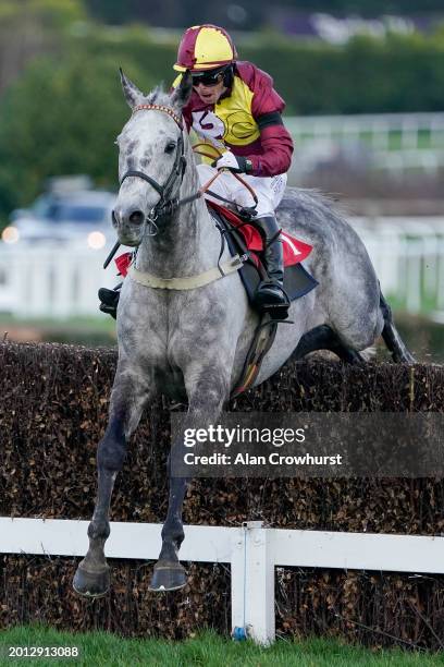 Maj Will Kellard riding Farceur Du Large clear the last to win The Castel Royal Artillery Gold Cup at Sandown Park Racecourse on February 15, 2024 in...