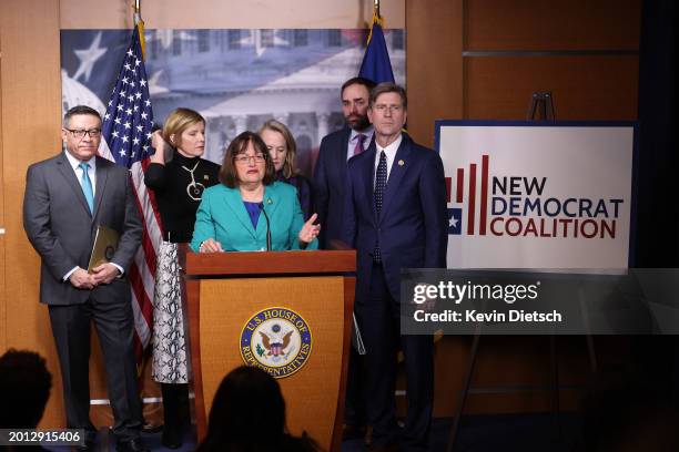 Rep. Ann McLane Kuster speaks at a press conference on immigration and border security on February 15, 2024 in Washington, DC. Kuster spoke with a...