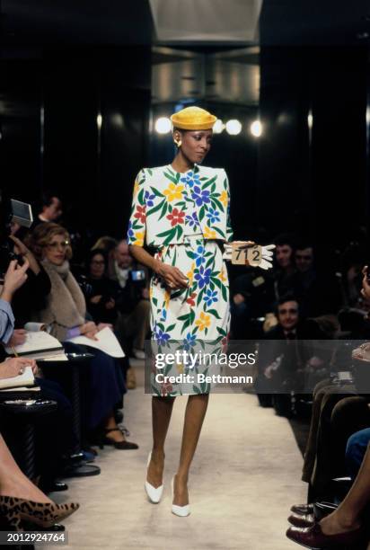 Model wearing a floral print dress from Chanel's collection for spring and summer, Paris, January 30th 1979.