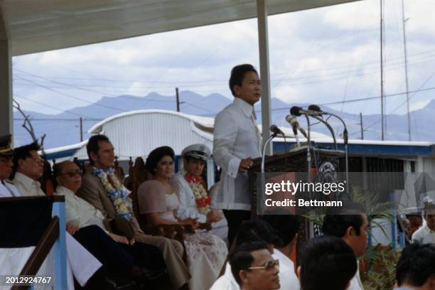 Philippine President Ferdinand Marcos speaks at a ceremony attended by Philippine and US dignitaries at Clark Air Base in Central Luzon, February...