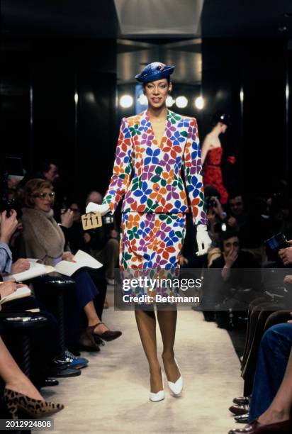 Model wearing a floral print dress from Chanel's collection for spring and summer, Paris, January 30th 1979.