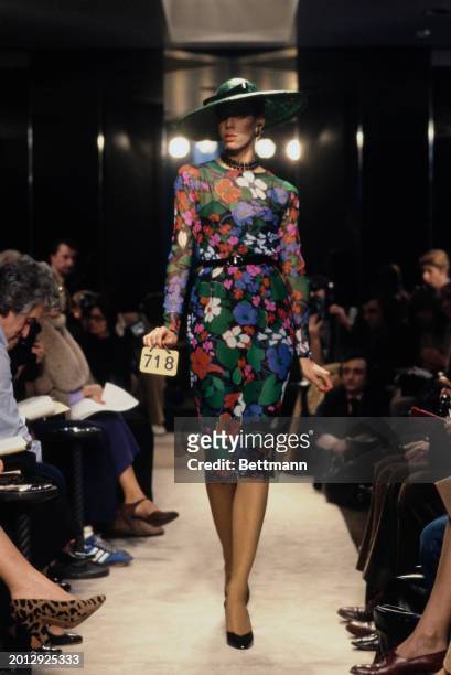 Model wearing a floral print dress from Chanel's collection for spring and summer, Paris, January 30th 1979.