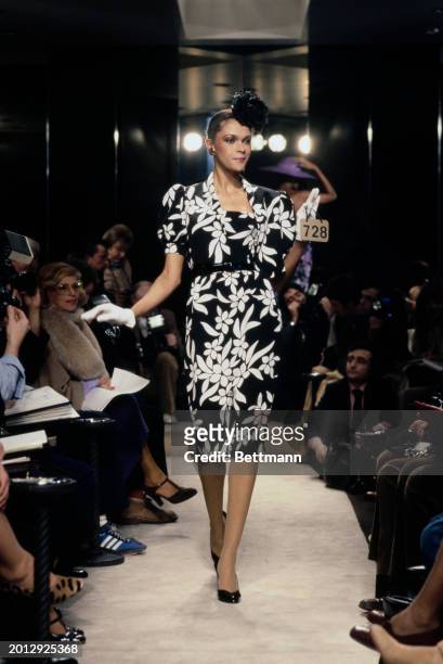 Model wearing a black and white print dress from Chanel's collection for spring and summer, Paris, January 30th 1979.
