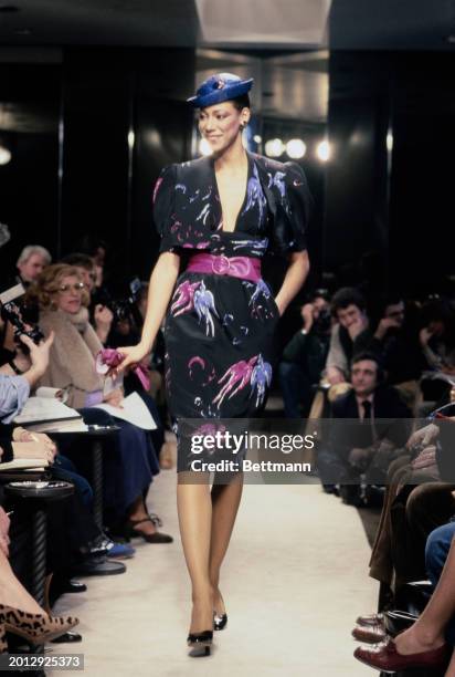 Model wearing a bird print dress from Chanel's collection for spring and summer, Paris, January 30th 1979.