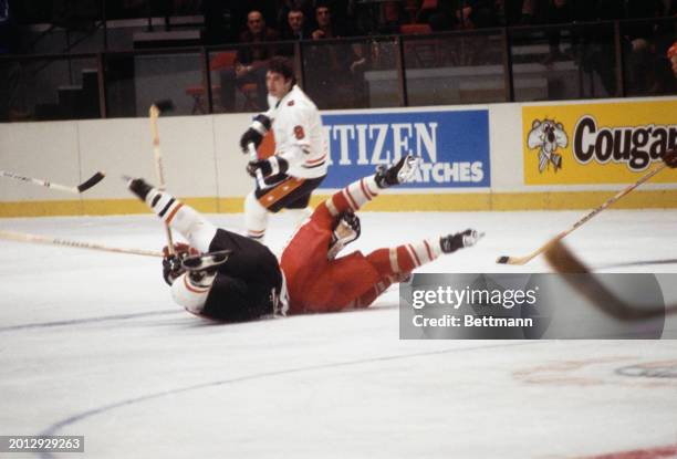 Mike Bossy of the NHL All Star team colliding with the USSR's Sergei Makarov during the third 1979 Challenge Cup game in New York, February 11th 1979.