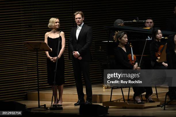 Carey Mulligan and Zachary Booth speak onstage during the Orchestrating Maestro special event at David Geffen Hall at Lincoln Center on February 14,...