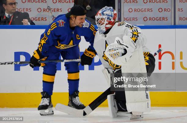 Justin Bieber chats with Sergei Bobrovsky of the Florida Panthers prior to the 2024 NHL All-Star Game on February 03, 2024 in Toronto, Ontario,...