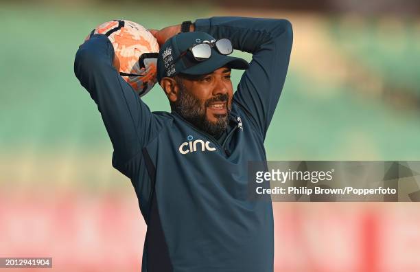 Jeetan Patel of England throws a ball before day one of the 3rd Test Match between India and England at Saurashtra Cricket Association Stadium on...