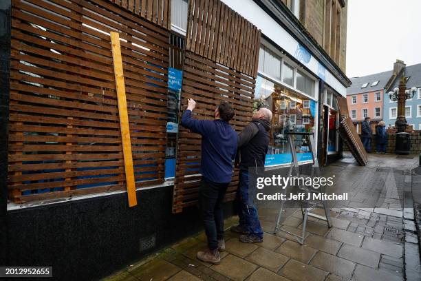Shops are boarded up ahead of the annual 'Fastern Eve Handba' event in Jedburgh's High Street in the Scottish Borders on February 15, 2024 in...
