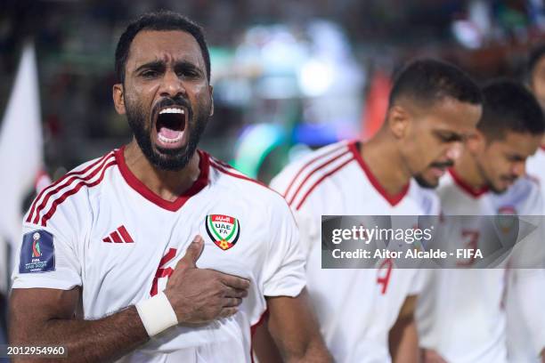 Kamal Ali of United Arab Emirates reacts while singing the national anthem during the FIFA Beach Soccer World Cup UAE 2024 Group A match between...