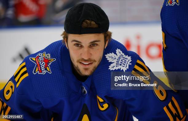 Justin Bieber skates in warmups prior to the 2024 NHL All-Star Game on February 03, 2024 in Toronto, Ontario, Canada.