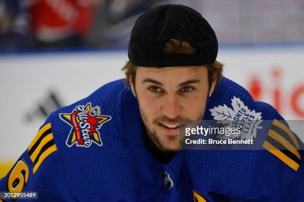 Justin Bieber skates in warmups prior to the 2024 NHL All-Star Game on February 03, 2024 in Toronto, Ontario, Canada.