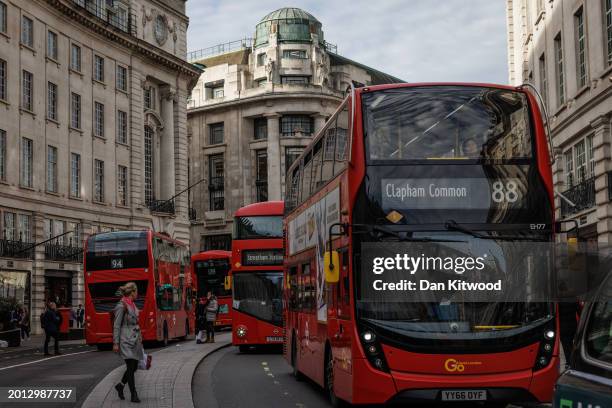 Traffic on Regent Street on February 15, 2024 in London, England. Official figures released today show that the economy shrank by more than expected...