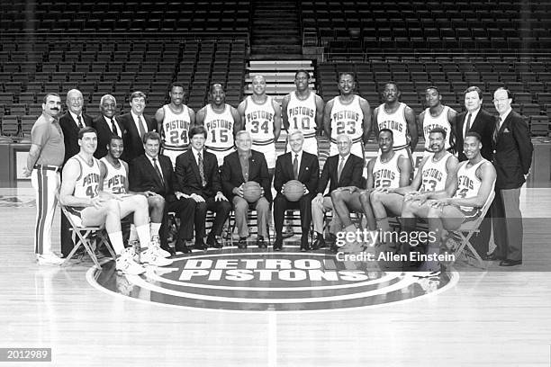 The Detroit Pistons pose for the 1988-89 NBA World Champions team portrait at The Palace of Auburn Hills in Auburn Hills, Michigan. Front row : Bill...