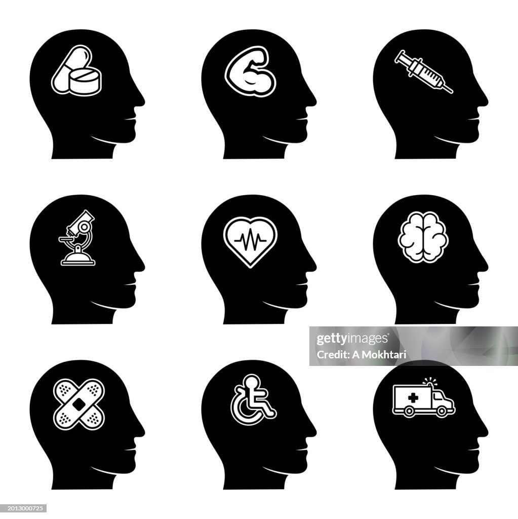 Set von Symbolen von Man Head Silhouetten mit verschiedenen Ideen.
