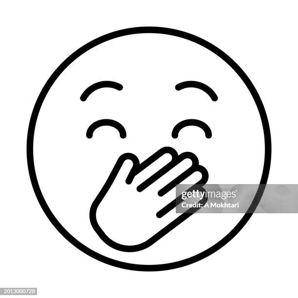 ilustraciones, imágenes clip art, dibujos animados e iconos de stock de emoticono de risa con la mano en la boca - mano tapando la boca