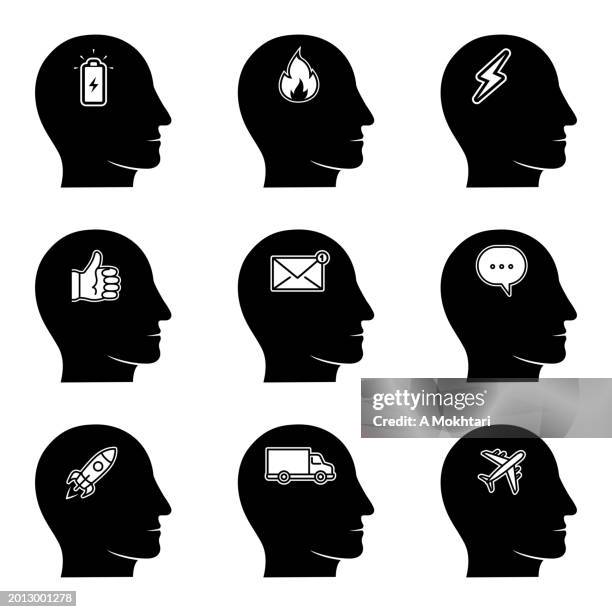 set of icons of man head silhouettes with different ideas. - rocket fire drawing stock illustrations