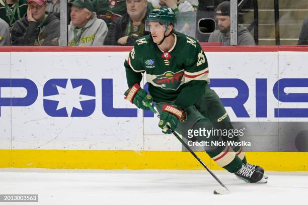 Jonas Brodin of the Minnesota Wild controls the puck against the Pittsburgh Penguins during the second period at Excel Energy Center on February 09,...