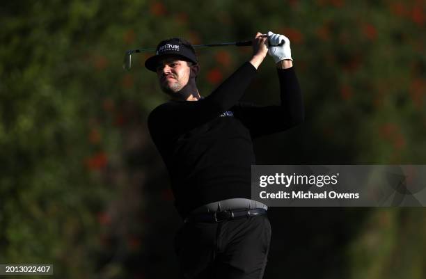 Beau Hossler of the United States plays his shot from the fourth tee during the first round of The Genesis Invitational at Riviera Country Club on...