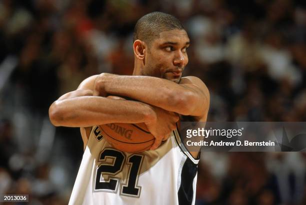 Tim Duncan of the San Antonio Spurs has control of the ball in Game Five of the Western Conference Semifinals against the Los Angeles Lakers during...