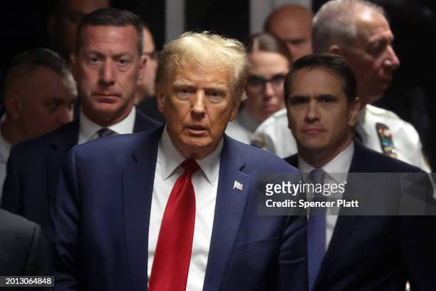 Republican presidential candidate, former U.S. President Donald Trump departs a pre-trial hearing in a hush-money case at Manhattan Criminal Court on...