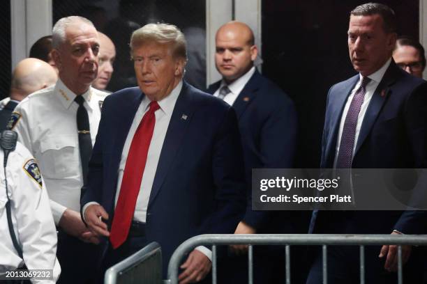 Republican presidential candidate, former U.S. President Donald Trump departs a pre-trial hearing in a hush-money case at Manhattan Criminal Court on...