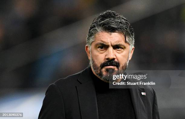 Gennaro Gattuso, Head Coach of Olympique de Marseille looks on prior to the UEFA Europa League 2023/24 Knockout Round Play-offs First Leg match...