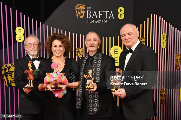 Peter Lord, Fran Fell, Sam Fell and Steve Pegram attend the 2024 EE BAFTA Film Awards at The Royal Festival Hall on February 18, 2024 in London,...