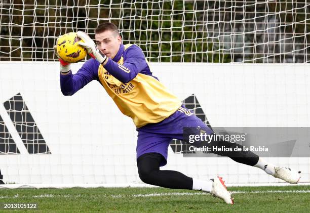 Andriy Lunin player of Real Madrid is training at Valdebebas training ground on February 15, 2024 in Madrid, Spain.