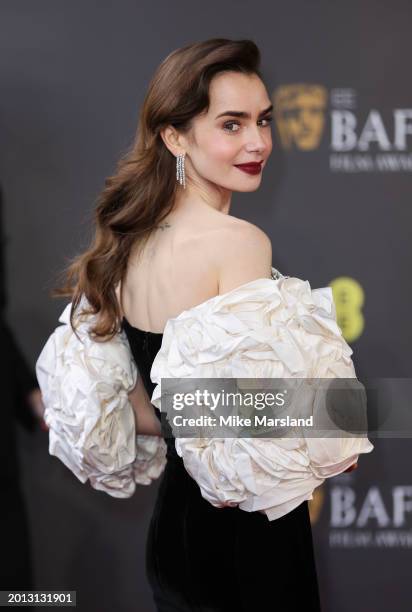 Lily Collins attends the 2024 EE BAFTA Film Awards at The Royal Festival Hall on February 18, 2024 in London, England.