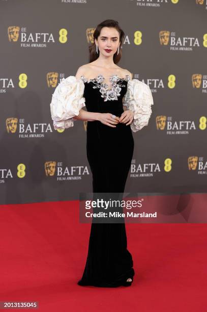 Lily Collins attends the 2024 EE BAFTA Film Awards at The Royal Festival Hall on February 18, 2024 in London, England.