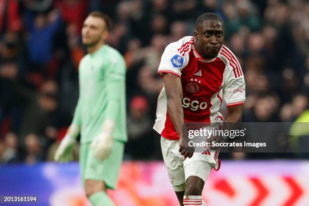 Carlos Forbs of Ajax celebrates his goal during the Dutch Eredivisie match between Ajax v NEC Nijmegen at the Johan Cruijff Arena on February 18,...