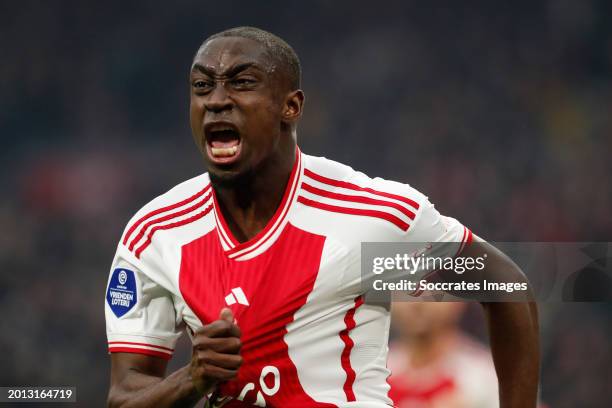 Carlos Forbs of Ajax celebrates his goal during the Dutch Eredivisie match between Ajax v NEC Nijmegen at the Johan Cruijff Arena on February 18,...