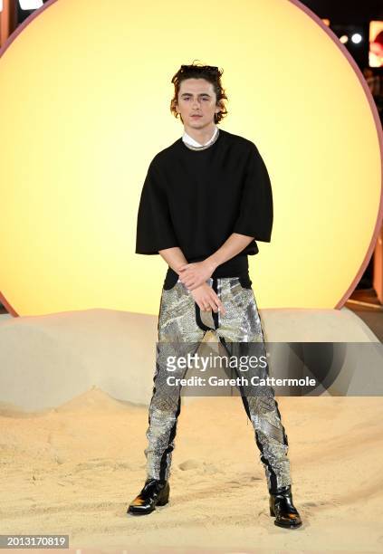 Timothée Chalamet attends the World Premiere of "Dune: Part Two" in Leicester Square on February 15, 2024 in London, England.