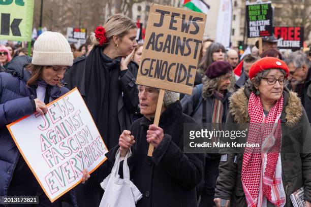 Members of the Jewish community take part in a Global Day of Action organised by pro-Palestinian groups to call for an immediate and permanent...