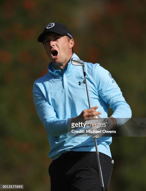Jordan Spieth of the United States reacts to his tee shot from the fourth tee during the first round of The Genesis Invitational at Riviera Country...