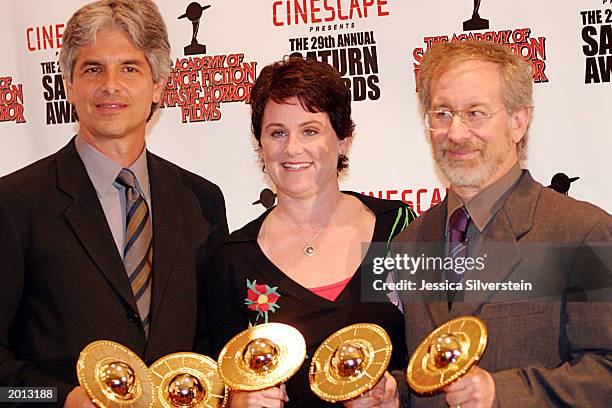 Minority Report winners producers Walter Parkes, Bonnie Curtis and director Steven Spielberg attend the 29th Annual Saturn Awards presented by...