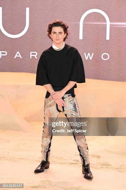 Timothée Chalamet attends the World Premiere of "Dune: Part Two" at Leicester Square on February 15, 2024 in London, England.