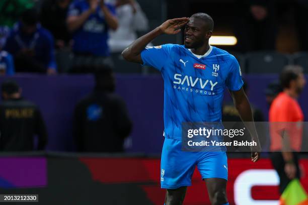 Kalidou Koulibaly of Al Hilal celebrates after scoring 3rd goal during the Saudi Pro League match between Al-Hilal and Al-Raed at Kingdom Arena on...